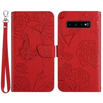 For Samsung Galaxy S10 Plus Butterfly Flower Imprinted Magnetic Flip Stand Cover Skin-touch Feeling PU Leather Hand Strap Wallet Purse Case