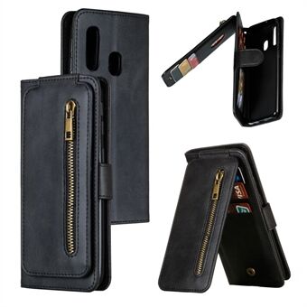 Zipper Pocket 9 Card Slots Läder Stand Case Skal till Samsung Galaxy A40
