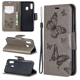 Imprint Butterfly PU läderplånboksfodral med rem för Samsung Galaxy A20e