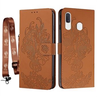 Tiger and Flower Imprint Mönster Anti- Scratch Läderplånbok Mobiltelefonskal för Samsung Galaxy A20e