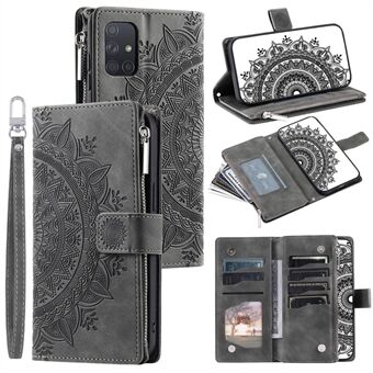 För Samsung Galaxy A51 4G SM-A515 PU-lädertelefonfodral Mandala Flower Stötsäkert skal Magnetlås Multi Card Slot Telefonskal med blixtlåsförsedd plånbok/rem