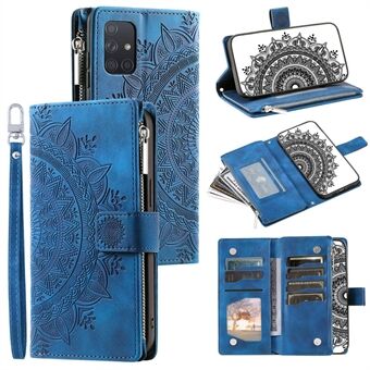 Stötsäkert fodral för Samsung Galaxy A71 4G SM-A715 Multi Card Slot Telefonfodral Mandala Flower Imprinted PU-läderfodral med dragkedja plånbok/rem