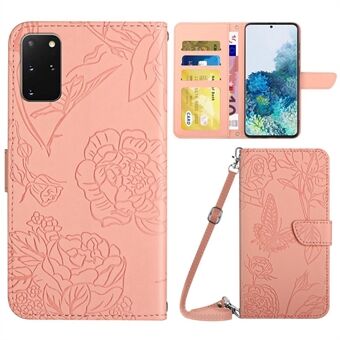 For Samsung Galaxy S20 Plus 4G/5G Skin-touch Wallet Stand PU Leather Case Butterfly Flower Imprinted Phone Cover with Shoulder Strap