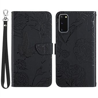 For Samsung Galaxy S20 4G/5G Skin-touch Feeling PU Leather Case Butterfly Flower Pattern Imprinted Stand Wallet Soft TPU Book Cover with Strap
