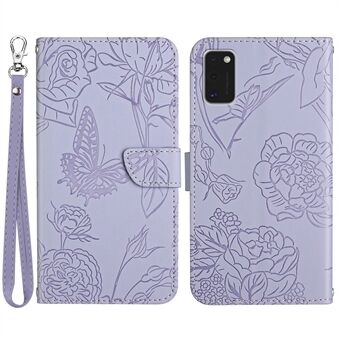 For Samsung Galaxy A41 (Global Version) Butterfly Flower Imprinted PU Leather Wallet Phone Cover TPU Inner Shell Skin-touch Feeling Stand Folio Case with Strap