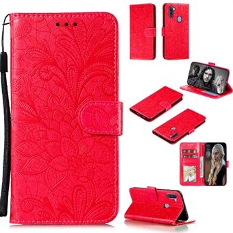 Imprinted Lace Flower Leather Wallet Phone Cover för Samsung Galaxy A11 (EU Version) / M11