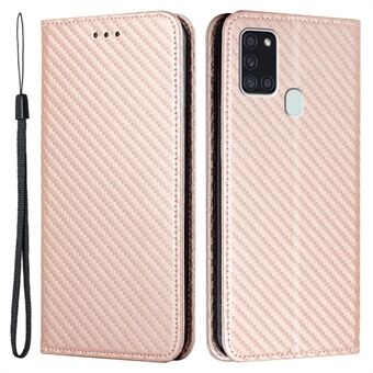 Anti-chock Phone Flip Cover Carbon Fiber Texture Stand Plånboksdesign Autoabsorberat PU-läder + TPU-telefonfodral för Samsung Galaxy A21s