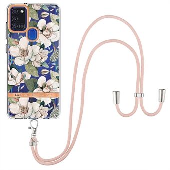 YB IMD Series Flower Patterns TPU-telefonfodral för Samsung Galaxy A21s, lanyard galvaniserat IML-telefonskydd