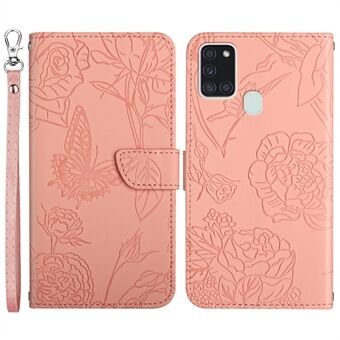Anti-drop Wallet Phone Case for Samsung Galaxy A21s (EU Version) Shockproof Soft Touch PU Leather Folio Flip Cover Butterflies Imprinted Anti-fingerprint Stand Cover with Strap