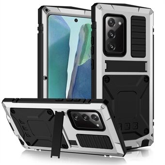 R-JUST För Samsung Galaxy Note20 4G / 5G Dammtätt telefonfodral Metall + Silikon + PC Stativ Anti-fall Anti-slitageskydd med härdat glasfilm