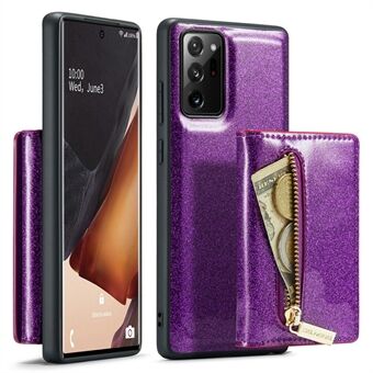 DG.MING M3-serien för Samsung Galaxy Note20 Ultra / Note20 Ultra 5G 2-i-1 Glittrande PU-läderbelagd PC+TPU Anti-fall-back-fodral Kickstand Magnetisk löstagbar dragkedja Plånbok Telefonskydd
