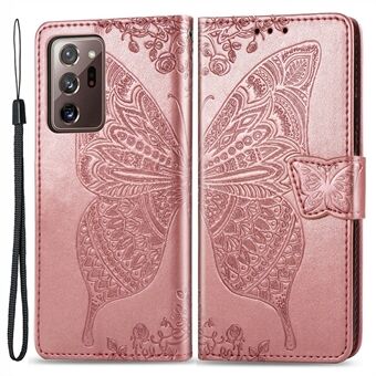 För Samsung Galaxy Note20 Ultra / Note20 Ultra 5G Imprinted Butterfly Pattern PU Läderfodral Fullt skydd Stand Plånboksfodral med rem