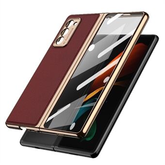 GKK For Samsung Galaxy Z Fold2 5G Phone Case Electroplating PC + PU Leather + Tempered Glass Hybrid Cover
