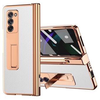For Samsung Galaxy Z Fold2 5G PU Leather Coated PC All-Inclusive Case Hinge Pen Holder Design Kickstand Electroplating Mobile Phone Shell with Tempered Glass Screen Protector