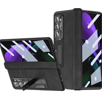 För Samsung Galaxy Z Fold2 5G Gångjärnsskydd Kickstand Fodral Nappa Texture PU Läder + PC Stötsäkert telefonskal med härdat glasfilm