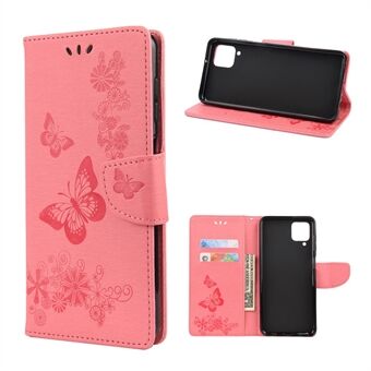 Imprinted Butterflies Flower Leather Wallet Stand Case för Samsung Galaxy A12