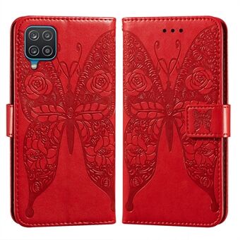 Imprinted Rose Flower fjärilar Leather Stand Fodral till Samsung Galaxy A12