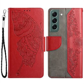 Butterfly Flower Imprinted Phone Case for Samsung Galaxy S21 4G/5G, PU Leather Wallet Cover with Adjustable Stand