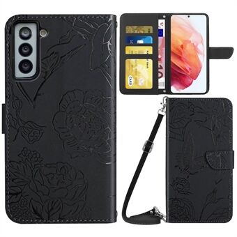 Butterfly Flower Imprinted Leather Case for Samsung Galaxy S21 4G/5G, Wallet Stand Flip Cover with Shoulder Strap