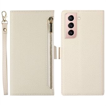 För Samsung Galaxy S21 4G / 5G Litchi Texture Stand Telefonfodral Blixtlåsficka PU-läderplånbok med rem