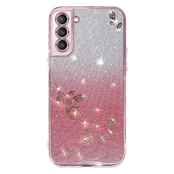 För Samsung Galaxy S21 5G Dammtät telefonfodral Blommönster Dekor Strass Design Glitter Pulver Gradient Färg TPU Smartphone Fodral
