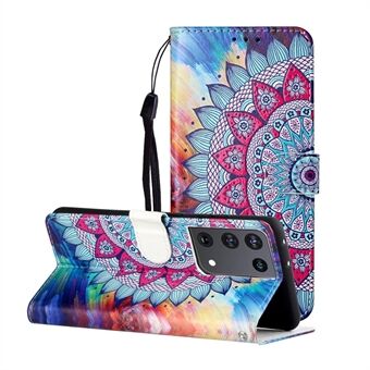 Glansigt präglat mönstrat telefonfodral i läder för plånbok med rem för Samsung Galaxy S21 Ultra 5G