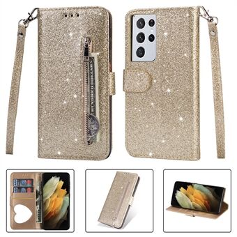 Flash Powder Zipper Pocket Plånbok Flip Läder Telefonfodral med rem för Samsung Galaxy S21 Ultra 5G