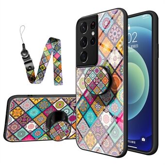 Färgglada blommönster glas hybrid telefon fodral skydd med Stand snodd för Samsung Galaxy S21 Ultra 5G