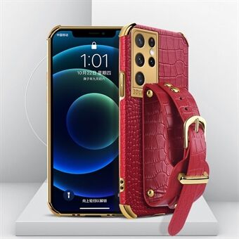 Kickstand Design 6D Elektropläterad krokodilstruktur PU läderbelagt TPU telefonfodral med handbandrem för Samsung Galaxy S21 Ultra 5G