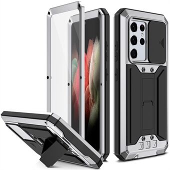 R-JUST Kickstand Stötsäkert metallfodral för hela kroppen med inbyggt skärmskydd och skjutkameralinsskydd för Samsung Galaxy S21 Ultra 5G