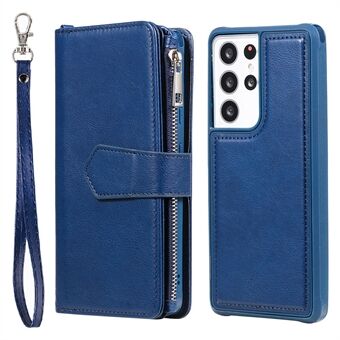 Blixtlåsficka Stand 2-i-1 PU-läder plånboksställ Telefonfodral med rem för Samsung Galaxy S21 Ultra 5G