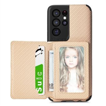 Carbon Fiber Texture PU-läderbelagd skyddande telefonfodral med stöd och plånbok för Samsung Galaxy S21 Ultra 5G