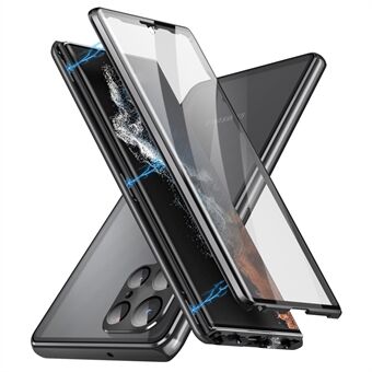 För Samsung Galaxy S21 Ultra 5G dubbelsidigt härdat glasfodral Magnetisk metallram Telefonskal med låsspänne