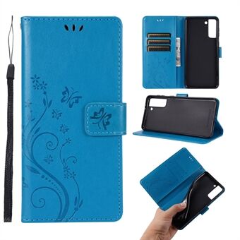 Plånboksfodral av läder + handledsrem med fjärilsblomma för Samsung Galaxy S21 Plus 5G