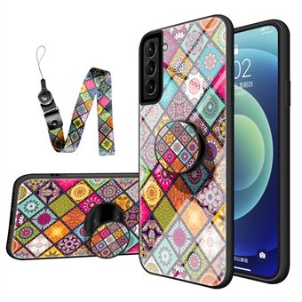 Färgglada blommönster glas Hybrid telefonfodral skydd med Stand lanyard för Samsung Galaxy S21+ 5G