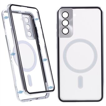 För Samsung Galaxy S21+ 5G magnetiskt telefonfodral Metallram Baksida av härdat glas Frostad PC Dubbelsidigt skyddsfodral