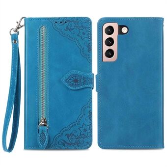För Samsung Galaxy S21+ 5G Zipper Pocket Design Flower Imprint PU Läder Telefonfodral Fullt skydd Stand
