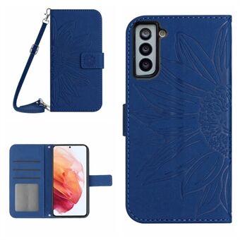 För Samsung Galaxy S21+ 5G Stand Monprinted Sunflower telefonfodral med axelrem, PU-läder Skin-touch plånboksställsfodral