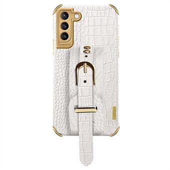 För Samsung Galaxy S21+ 5G Anti-drop Crocodile Texture Telefonskal 6D Elektropläterat läderbelagt TPU-fodral med handrem