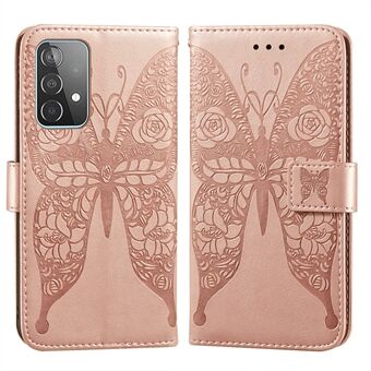 För Samsung Galaxy A52 4G/5G / A52s 5G präglat rosenblomma fjärilar mönster läder Stand