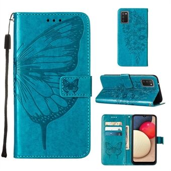 Imprint Butterfly Flower Pattern Wallet Stand Läderfodral till Samsung Galaxy A02s (EU-version)