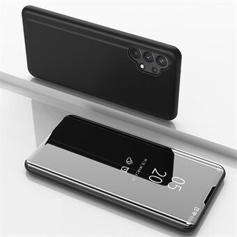 View Window Elektropläterad Spegel Yta Läder Skal Telefon Stand Fodral för Samsung Galaxy A32 4G (EU-version)