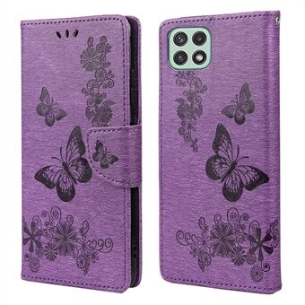 Butterfly Flower Imprinted PU-läderplånbok Magnetic Flip Folio TPU Soft Bumper Cover för Samsung Galaxy A22 5G (EU-version)
