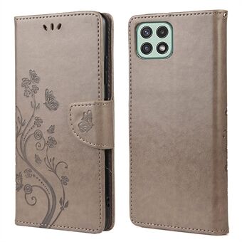 Imprinted Butterfly PU Leather Flip Wallet Case Cover Stand med handledsrem för Samsung Galaxy A22 5G (EU-version)