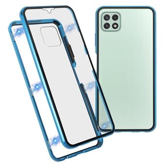 Metallram + Dubbelsidig HD-härdat glas skyddande magnetisk absorberande telefonfodral mot stötar för Samsung Galaxy A22 5G (EU-version)