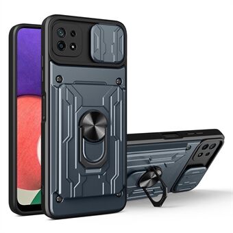 Kickstand Hard PC Soft TPU Stötsäkert telefonfodral med korthållare och skjutkamerafodral för Samsung Galaxy A22 5G (EU-version)