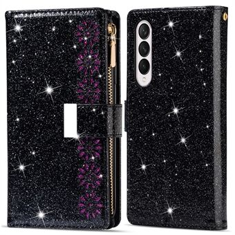 Glittrig Starry Style Laser Carving Magnetisk stängning Dragkedja Stand Skyddande lädertelefonfodral för Samsung Galaxy Z Fold3 5G