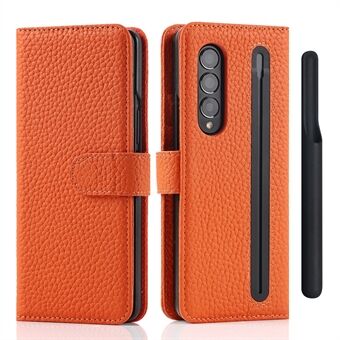 Stand Plånbok Design Litchi Texture Äkta Läder + PC-telefonfodral Skal med löstagbar pennfack för Samsung Galaxy Z Fold3 5G