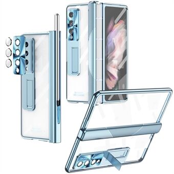 För Samsung Galaxy Z Fold3 5G Magnetic Pen Slot Gångjärn PC Cover Kickstand Transparent telefonfodral med härdat glasfilm / Stylus Penna