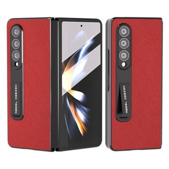 ABEEL för Samsung Galaxy Z Fold3 5G kohudsläderbelagd PC-telefonfodral Cross Texture Kickstand-fodral med härdat glasfilm